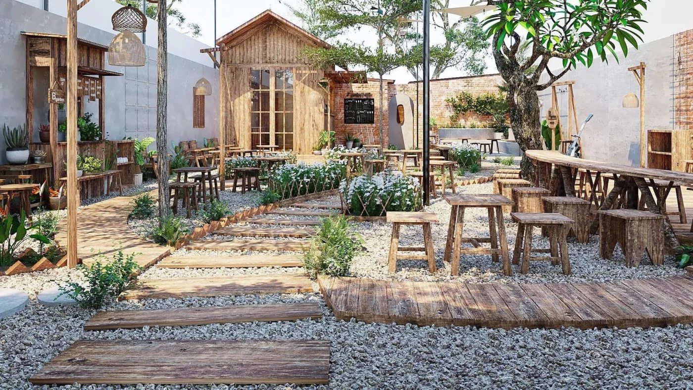 Cây xanh và tiểu cảnh nước mang lại sinh khí, tăng tài lộc cho quán cafe sân vườn.
